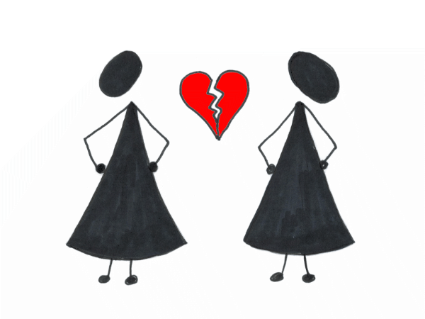 Trennungsmediation, symbolisiert durch zwei Figuren und einem fast völlig entzwei gerissenen Herz in der Mitte